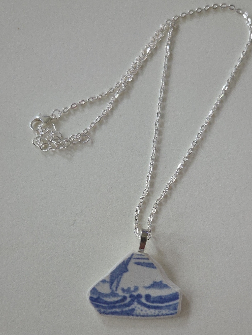 Silver-Chain Porcelain Pendant Necklace in Blue and White - Women Jewelry